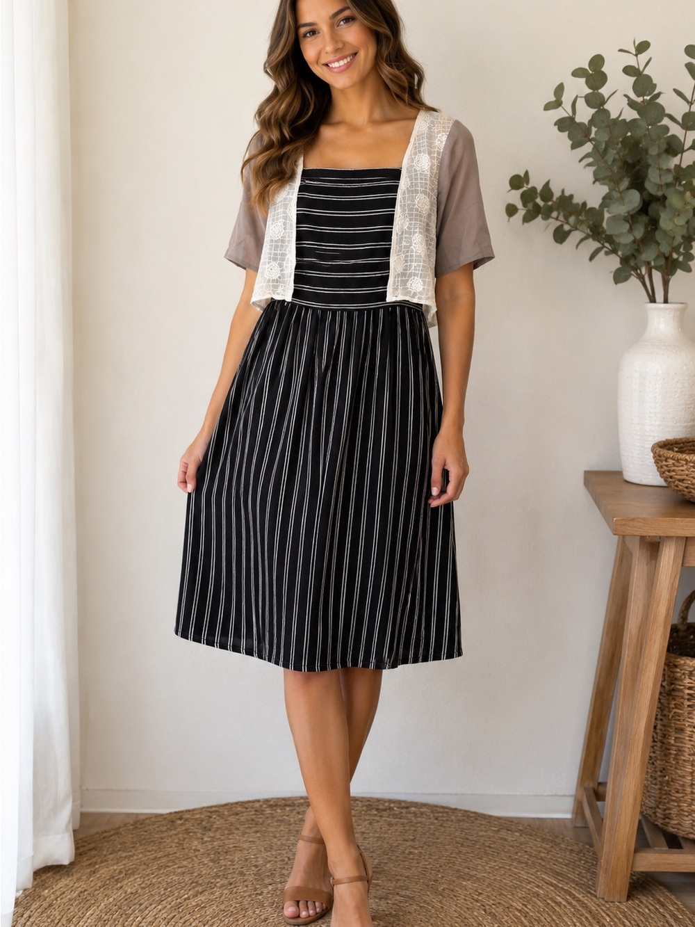Piper & Scoot Mom Black Pinstripe Square-Neck Embroidered Nursing Midi Dress